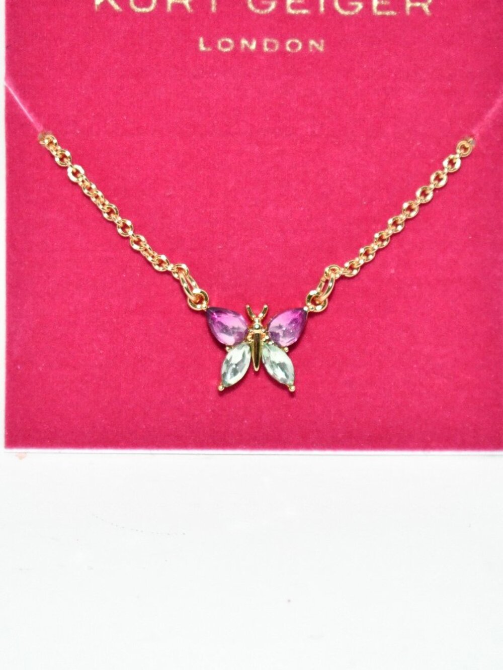 Kurt Geiger Butterfly Short Pendant Necklace in Pink #570244GLD650 NWT Details: